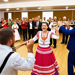 **A vibrant, joyful Kolo dance at a Serbian wedding reception. Focus on the interlocking hands of the dancers and the colorful traditional clothing, capturing the sense of community and celebration. In the background, a live band plays traditional Serbian music with instruments like the trumpet and accordion. The setting is a festively decorated banquet hall.**