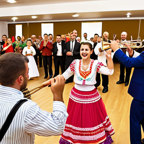 Home 15 **A vibrant, joyful Kolo dance at a Serbian wedding reception. Focus on the interlocking hands of the dancers and the colorful traditional clothing, capturing the sense of community and celebration. In the background, a live band plays traditional Serbian music with instruments like the trumpet and accordion. The setting is a festively decorated banquet hall.**