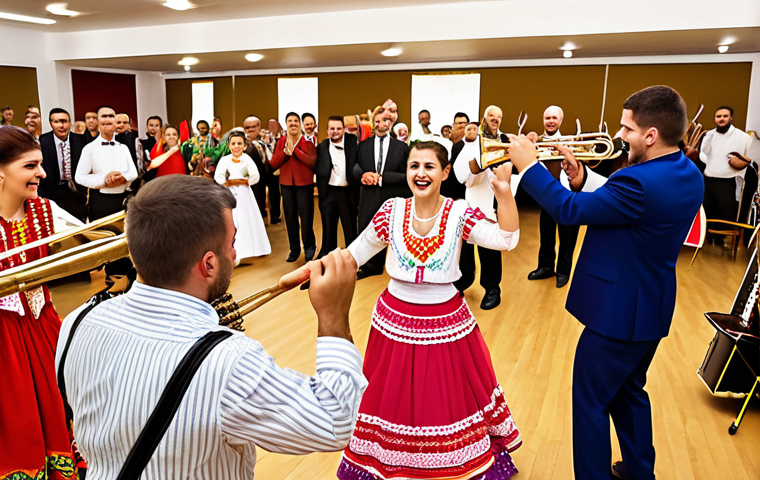 **A vibrant, joyful Kolo dance at a Serbian wedding reception. Focus on the interlocking hands of the dancers and the colorful traditional clothing, capturing the sense of community and celebration. In the background, a live band plays traditional Serbian music with instruments like the trumpet and accordion. The setting is a festively decorated banquet hall.**