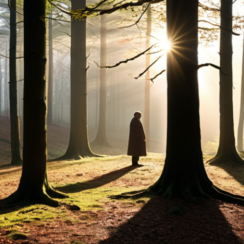 Home 14 A serene sunrise illuminating a vast, misty ancient beech forest within a German National Park, like Jasmund. Golden light filters through towering trees, casting long shadows. A lone, contemplative figure stands on a natural overlook, feeling a profound sense of peace and connection to the majestic wilderness. The atmosphere is one of profound tranquility and natural grandeur, evoking mental clarity and well-being. *Photorealistic, cinematic, soft natural light, wide panoramic shot, highly detailed, tranquil, ethereal.*