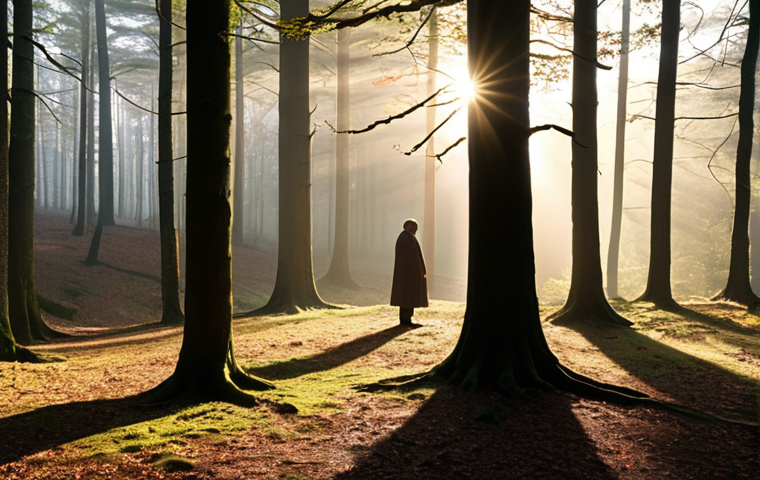 A serene sunrise illuminating a vast, misty ancient beech forest within a German National Park, like Jasmund. Golden light filters through towering trees, casting long shadows. A lone, contemplative figure stands on a natural overlook, feeling a profound sense of peace and connection to the majestic wilderness. The atmosphere is one of profound tranquility and natural grandeur, evoking mental clarity and well-being. *Photorealistic, cinematic, soft natural light, wide panoramic shot, highly detailed, tranquil, ethereal.*