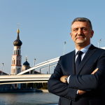 A composed, middle-aged professional man of Serbian ethnicity, fully clothed in a modest, dark business suit, stands confidently at a grand, symbolic crossroads. On one side, the backdrop features sleek, modern European Union flag elements and contemporary European city architecture, bathed in soft, inviting light. On the other side, subtle hints of traditional Orthodox church domes and robust, modern infrastructure projects (like a new bridge) are visible under a different light, symbolizing ties to the East. The man is looking forward with a thoughtful expression, representing Serbia's complex geopolitical balancing act between Western integration and Eastern connections. professional photography, cinematic lighting, ultra-detailed, high resolution, perfect anatomy, correct proportions, natural pose, well-formed hands, proper finger count, natural body proportions, safe for work, appropriate content, fully clothed, modest clothing, professional dress, family-friendly.