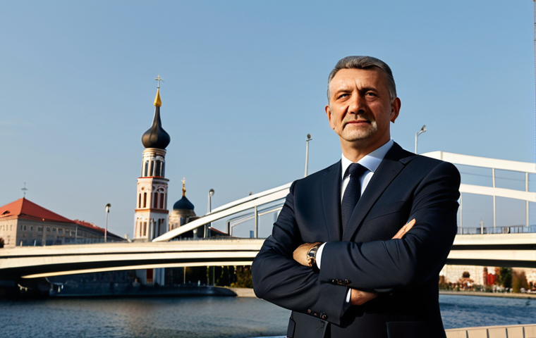 A composed, middle-aged professional man of Serbian ethnicity, fully clothed in a modest, dark business suit, stands confidently at a grand, symbolic crossroads. On one side, the backdrop features sleek, modern European Union flag elements and contemporary European city architecture, bathed in soft, inviting light. On the other side, subtle hints of traditional Orthodox church domes and robust, modern infrastructure projects (like a new bridge) are visible under a different light, symbolizing ties to the East. The man is looking forward with a thoughtful expression, representing Serbia's complex geopolitical balancing act between Western integration and Eastern connections. professional photography, cinematic lighting, ultra-detailed, high resolution, perfect anatomy, correct proportions, natural pose, well-formed hands, proper finger count, natural body proportions, safe for work, appropriate content, fully clothed, modest clothing, professional dress, family-friendly.