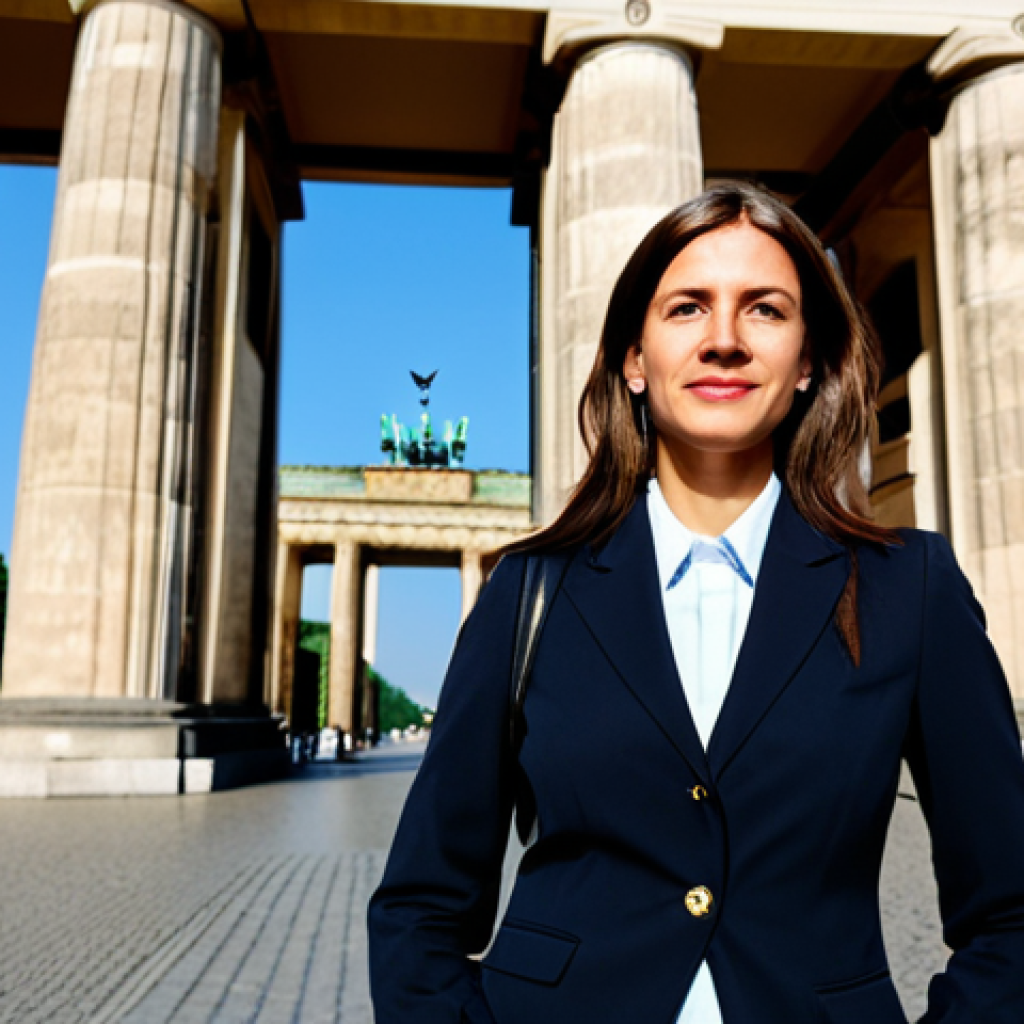 **

"A professional businesswoman in a modest business suit, standing in front of the Brandenburg Gate in Berlin, Germany, fully clothed, appropriate attire, safe for work, perfect anatomy, natural proportions, professional photography, high quality."

**