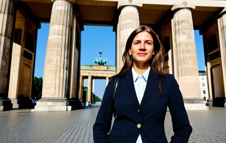 **

"A professional businesswoman in a modest business suit, standing in front of the Brandenburg Gate in Berlin, Germany, fully clothed, appropriate attire, safe for work, perfect anatomy, natural proportions, professional photography, high quality."

**