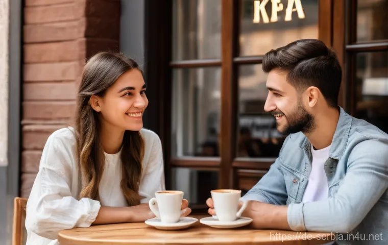 세르비아어와 크로아티아어 차이점 - "A friendly interaction between two young adults in a sunlit European café, one representing Serbian...