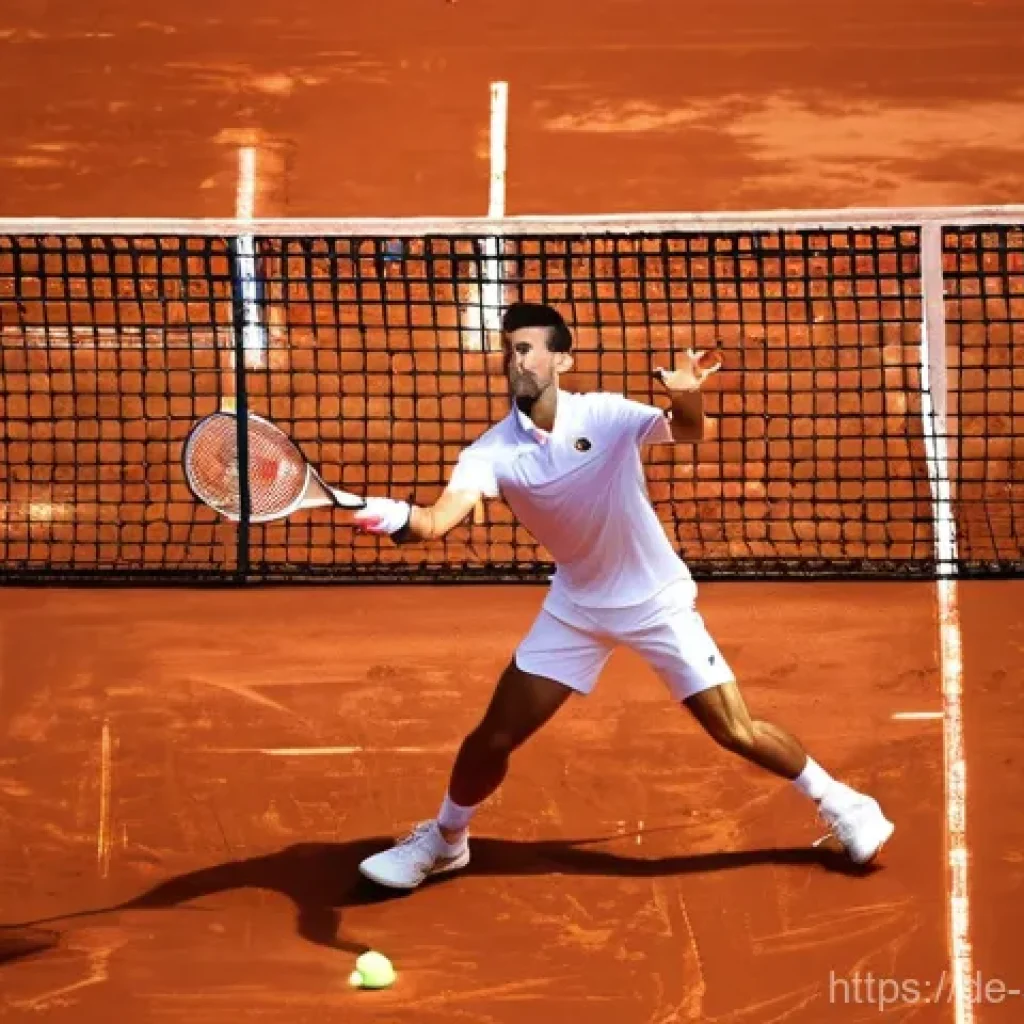 노바크 조코비치 테니스 선수 - A dynamic, action-packed image of Novak Djokovic, 38, on a clay tennis court during a fierce Grand S...