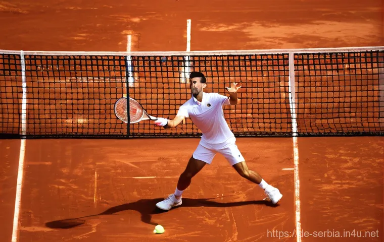 노바크 조코비치 테니스 선수 - A dynamic, action-packed image of Novak Djokovic, 38, on a clay tennis court during a fierce Grand S...