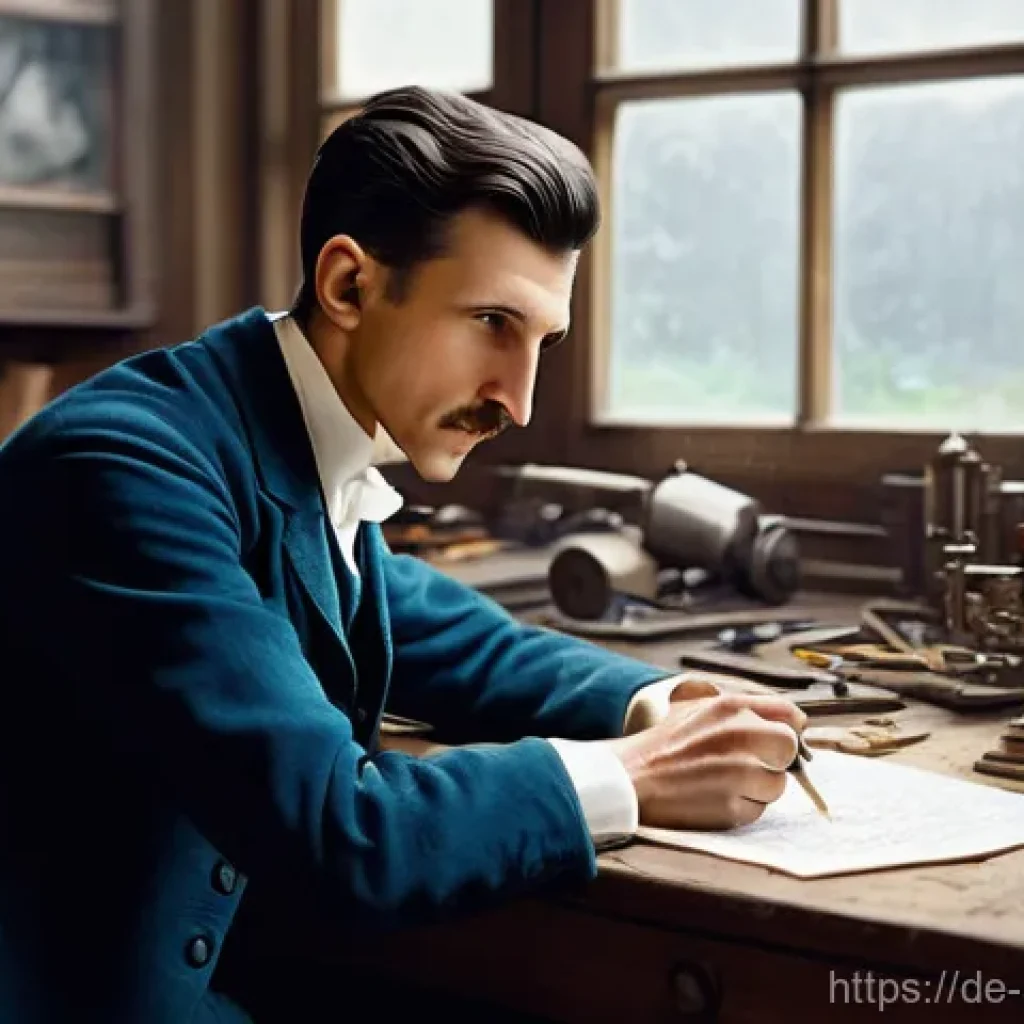 니콜라 테슬라 전기 공학자 - **Prompt:** A vibrant, painterly depiction of a young Nikola Tesla, aged around 20, dressed in a nea...