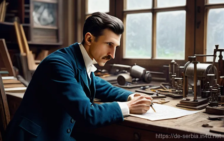 니콜라 테슬라 전기 공학자 - **Prompt:** A vibrant, painterly depiction of a young Nikola Tesla, aged around 20, dressed in a nea...