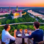 세르비아 독립과 몬테네그로 분리 - A vibrant panoramic view of Belgrade, Serbia, at a beautiful sunset. The iconic Kalemegdan Fortress ...