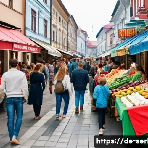 세르비아어 기본 회화 - A vibrant street market scene in Serbia during daytime, showing a diverse crowd of people shopping a...