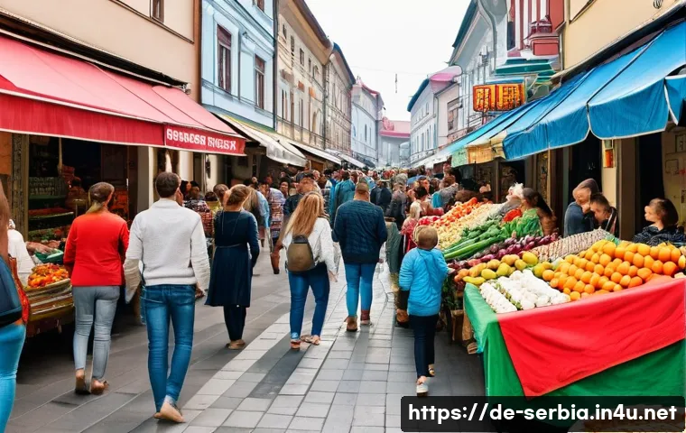 세르비아어 기본 회화 - A vibrant street market scene in Serbia during daytime, showing a diverse crowd of people shopping a...
