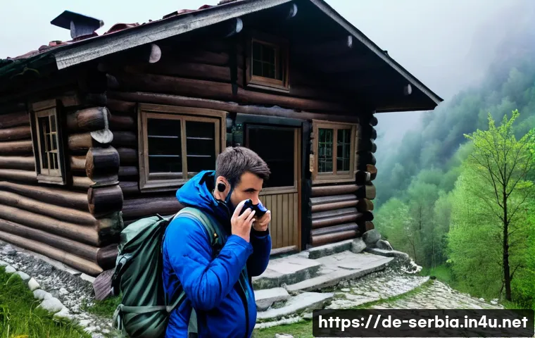 세르비아 비상 상황 대응법 - A detailed scene of a tourist in rural Serbia making an emergency call on a smartphone, standing nea...