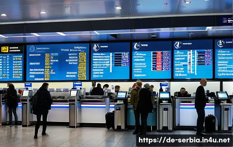 세르비아에서 환전하는 방법 - A bustling airport currency exchange counter in Belgrade, Serbia, showing travelers exchanging euros...