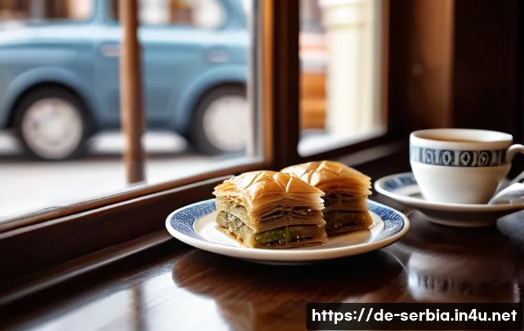 세르비아의 카페 문화 - A cozy Serbian café interior filled with warm wooden furniture and traditional decorative patterns o...