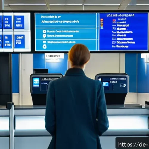 세르비아 비자 및 입국 요건 - A detailed airport immigration scene showing a German traveler at a passport control desk in Serbia,...