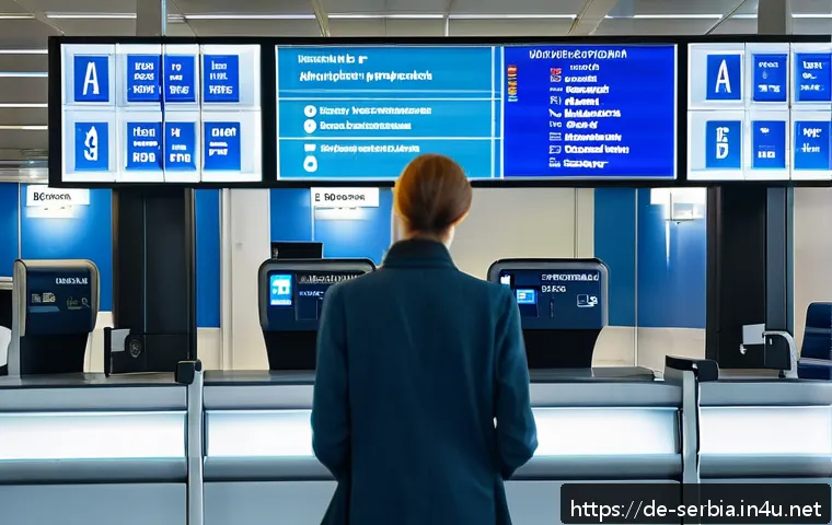 세르비아 비자 및 입국 요건 - A detailed airport immigration scene showing a German traveler at a passport control desk in Serbia,...
