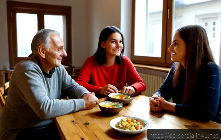 Home 17 세르비아 언어 및 민족성 - Photorealistic documentary-style scene of a multigenerational Serbian family gathered around a woode...